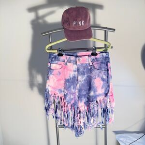 K I M  Denim Fringe Shorts In  Purple And Pink Tie Dye Print